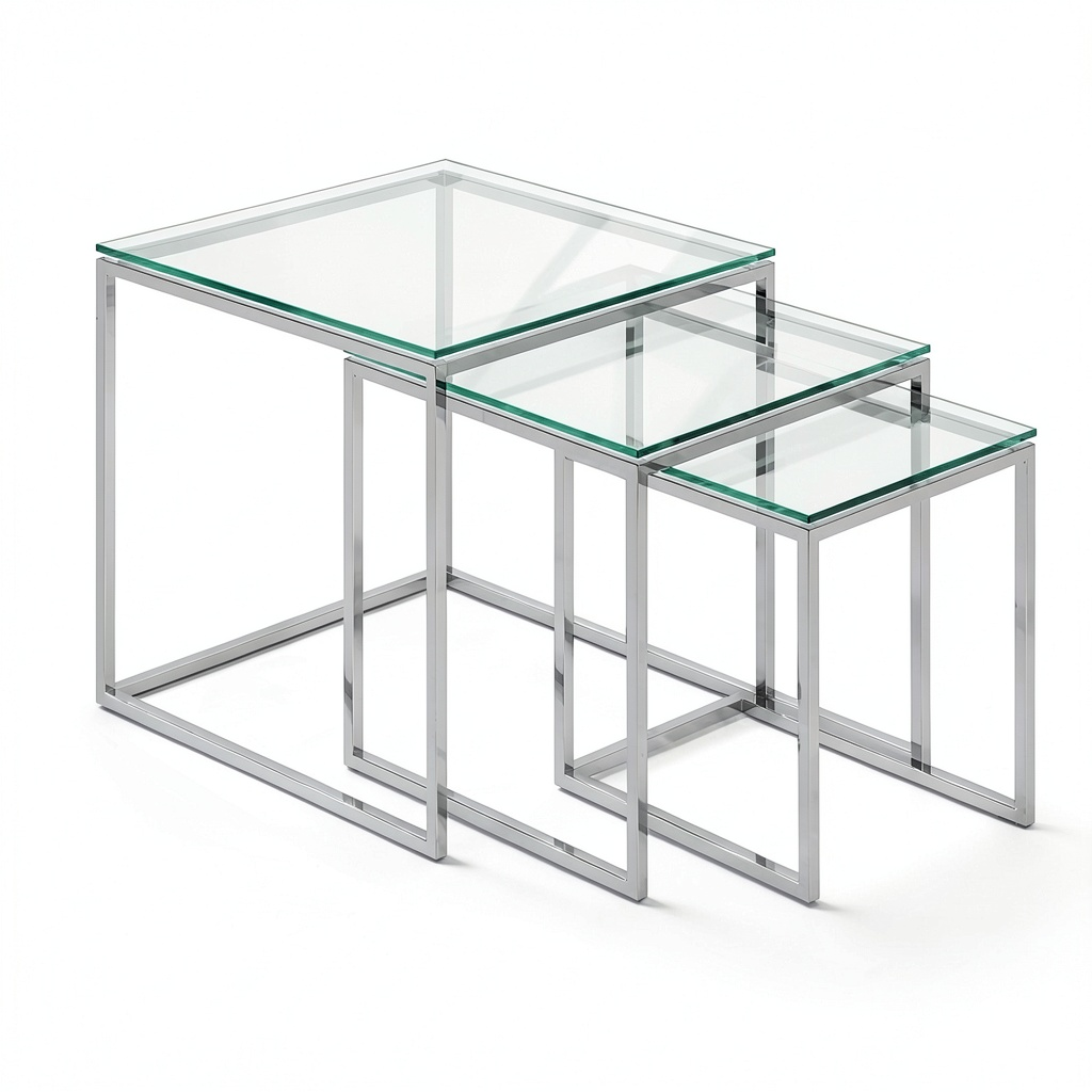 Table basse, en métal et verre, coloris transparent, 3 pièces, pour le salon