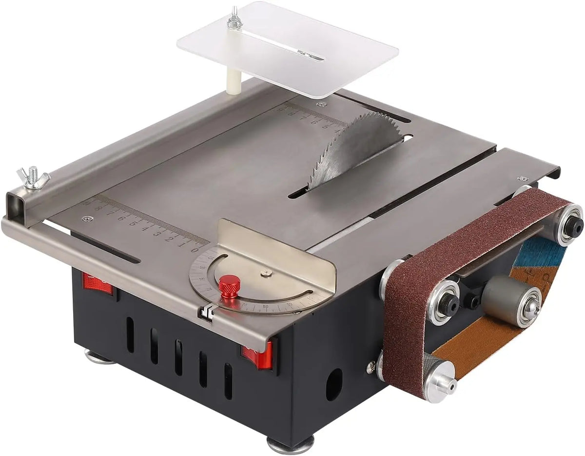 Mini scie de table - 200 W - 7 vitesses - Inclinable de 0 à 90° - 4 lames de scie en plastique – 29 x 25,5 x 10 cm, 60 Hz, gris