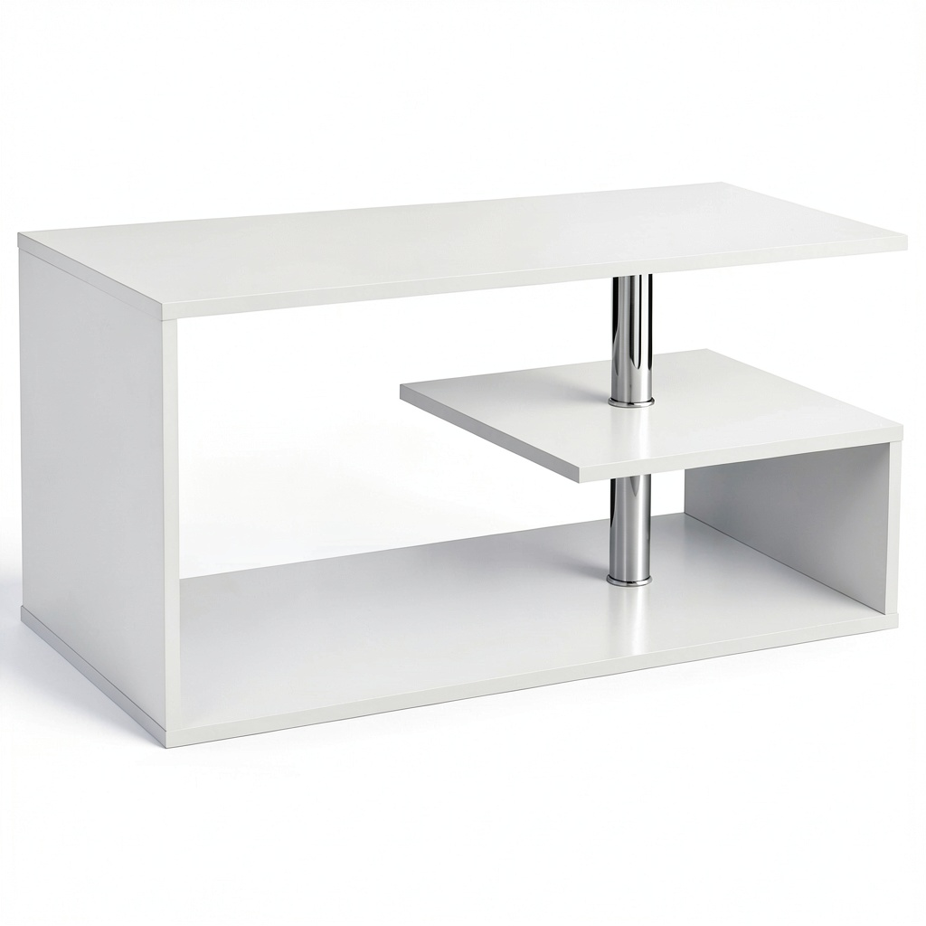 Table basse, en panneaux de bois, avec rangement, avec étagères, coloris blanc, 90 x 50 x 41 cm, pour le salon