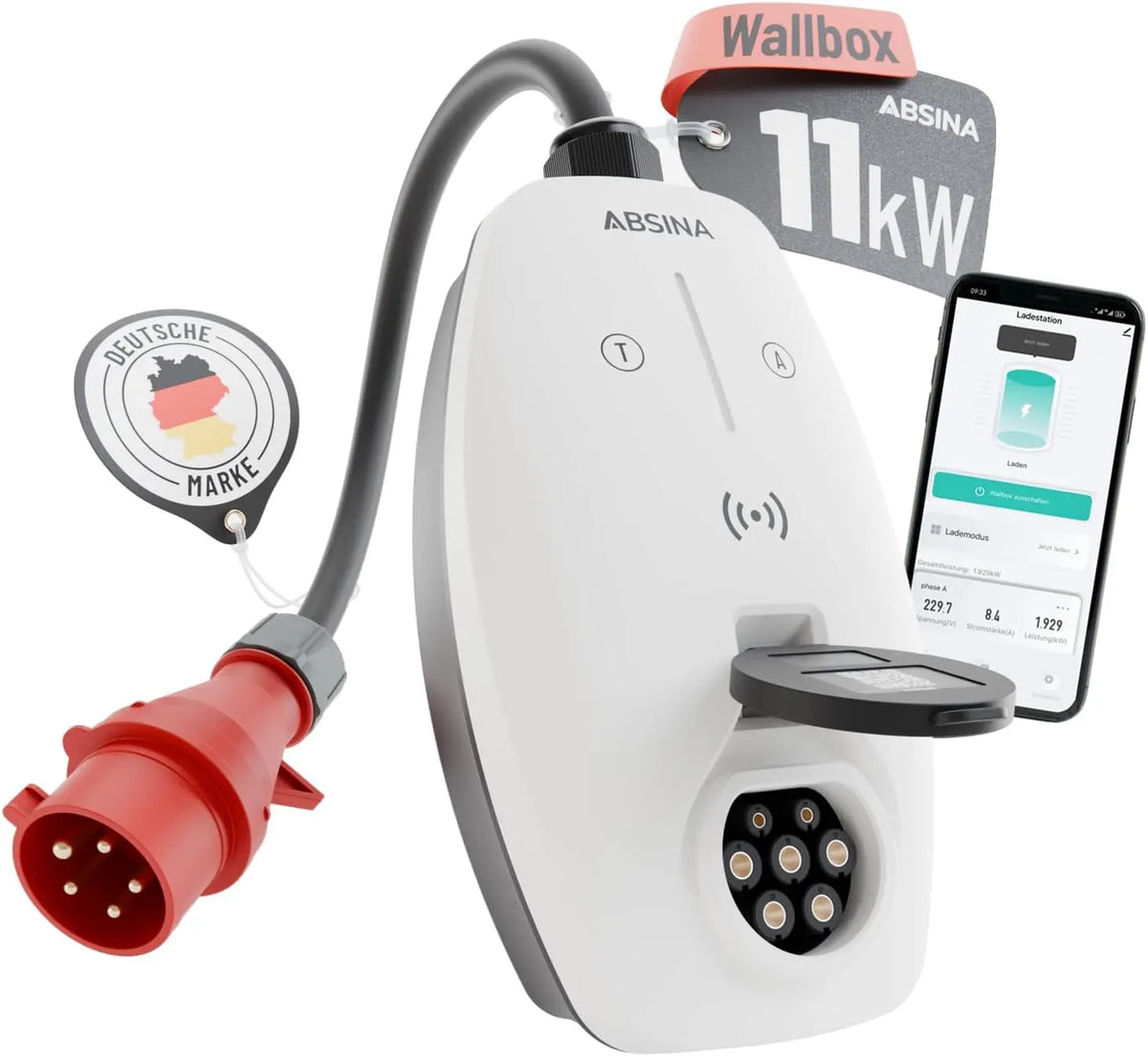 ABSINA Wallbox 11kW avec app et Puissance de Charge réglable – gris