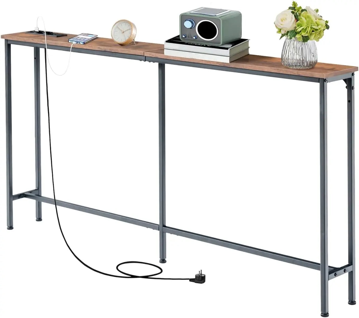 Table Console de 160 cm avec 2 Prises et 2 Ports USB – marron/noir