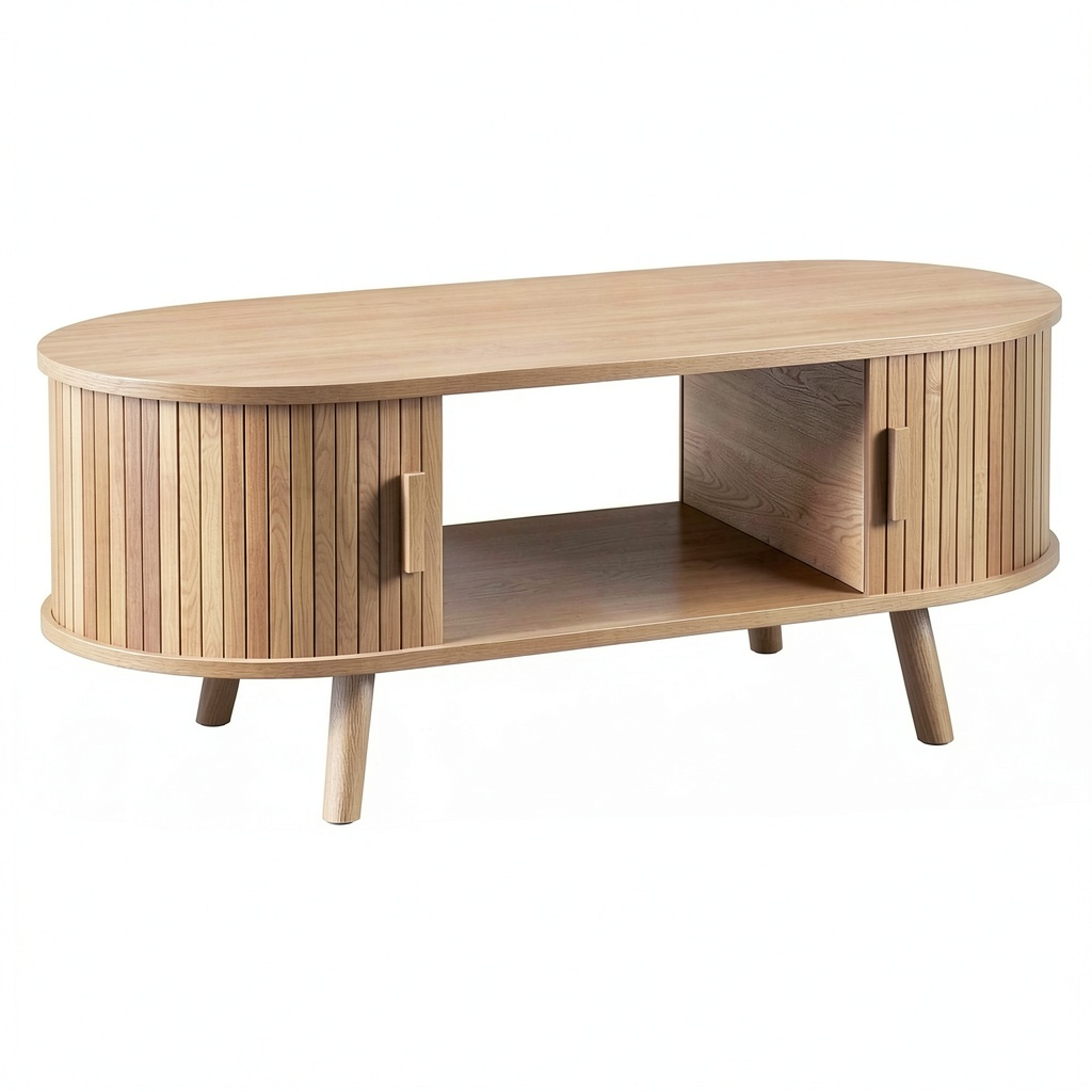 Table basse, avec portes coulissantes, en chêne, pour le salon