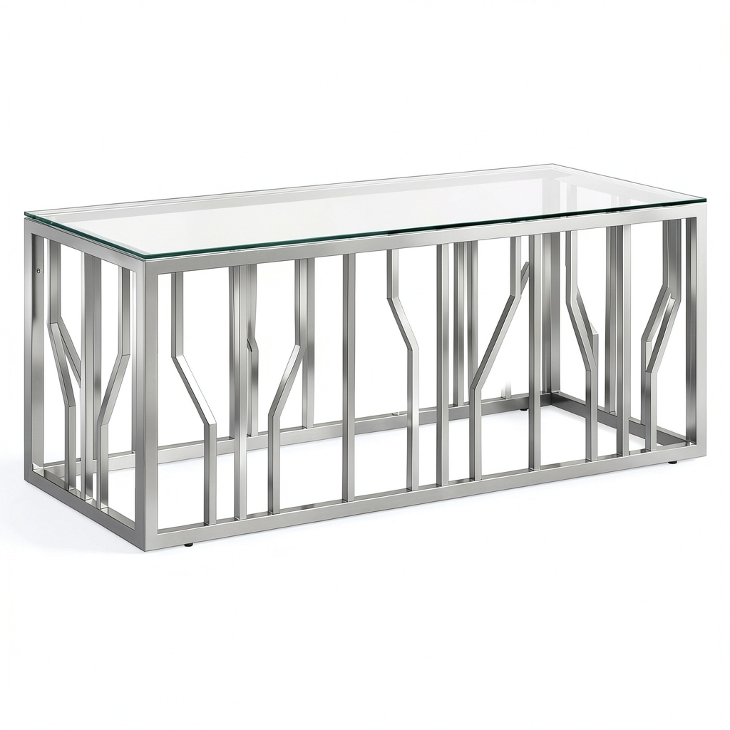 Table basse, en acier inoxydable et verre trempé, coloris argenté, 110 x 45 x 45 cm, pour le salon