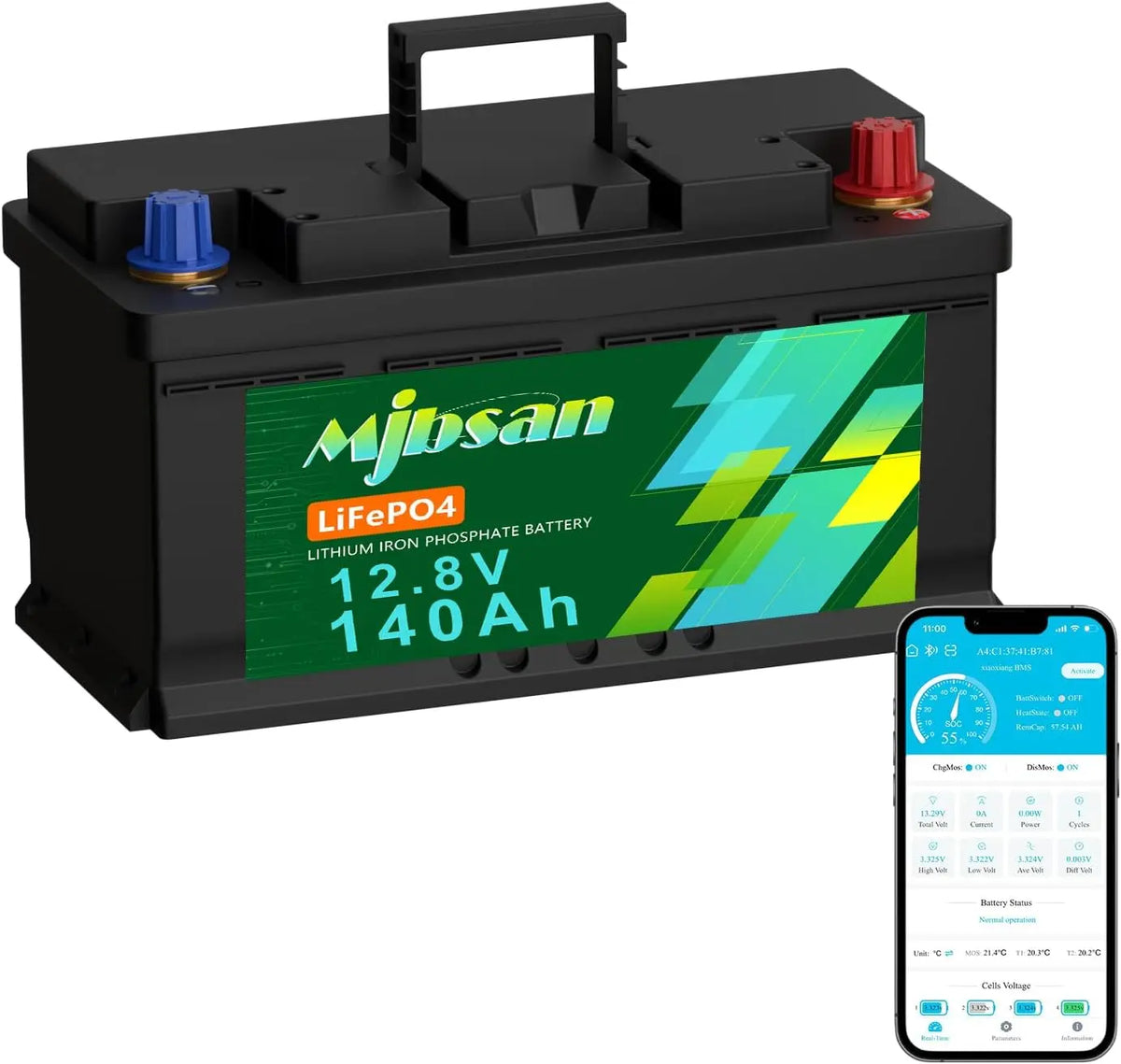 Mjbsan Batterie au lithium 12 V 140 Ah H190 LiFePO4 Bluetooth – 30,72 kW, 1792 Wh, noir/vert/gris