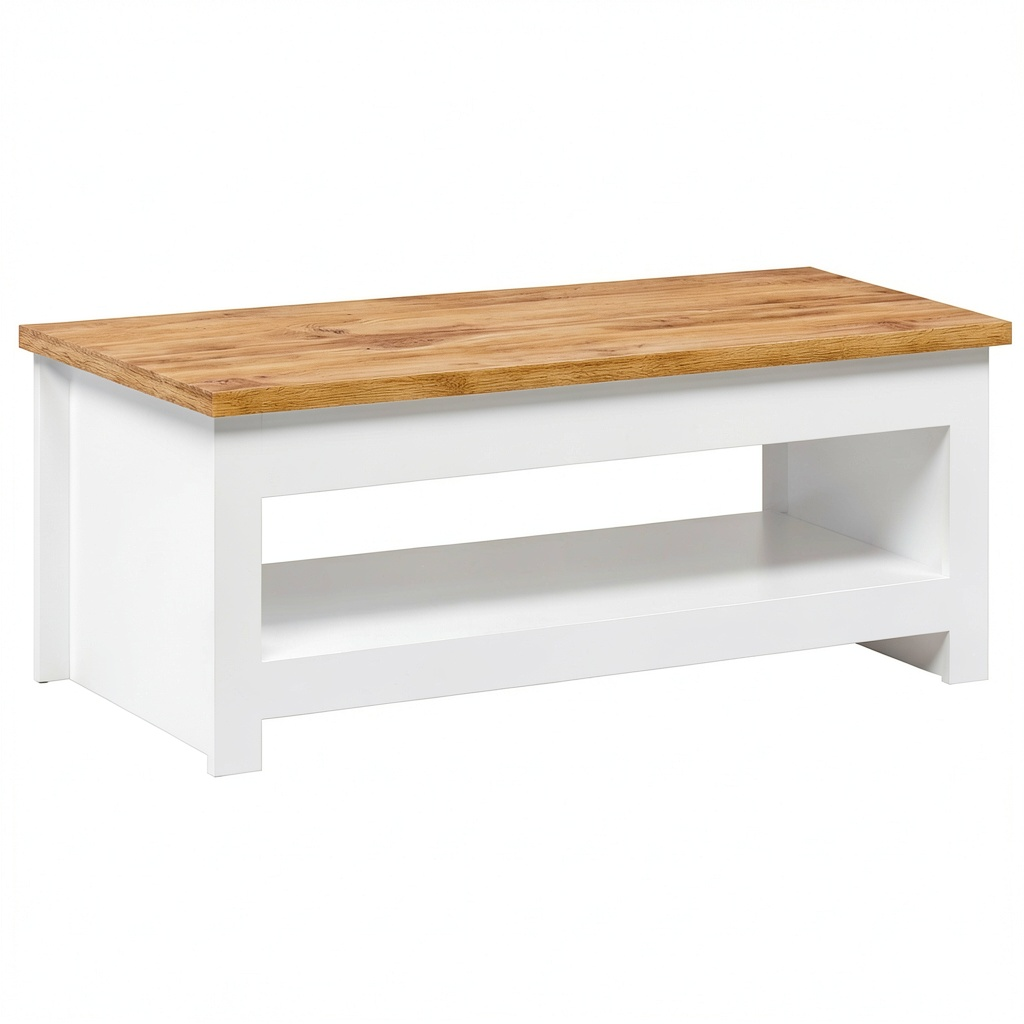 Table basse, avec rangement, avec étagères, en panneaux de bois, coloris blanc, pour le salon