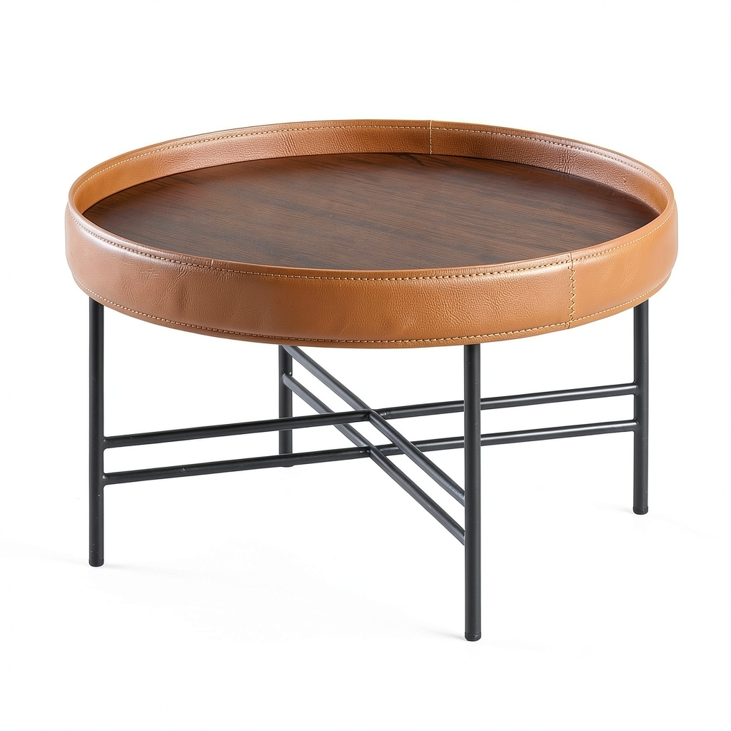 Table basse, en noyer et cuir, coloris naturel, pour le salon