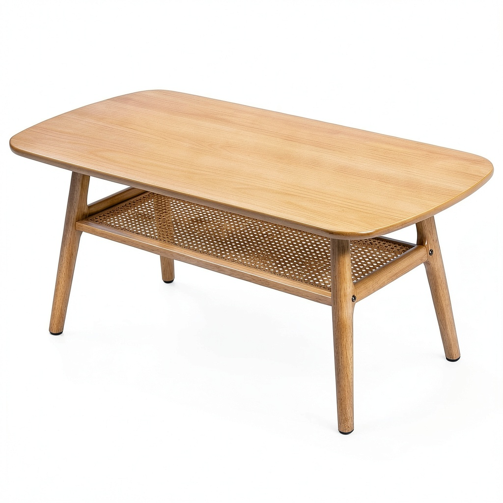 Table basse, avec étagères, en résine tressée, coloris naturel, pour le salon