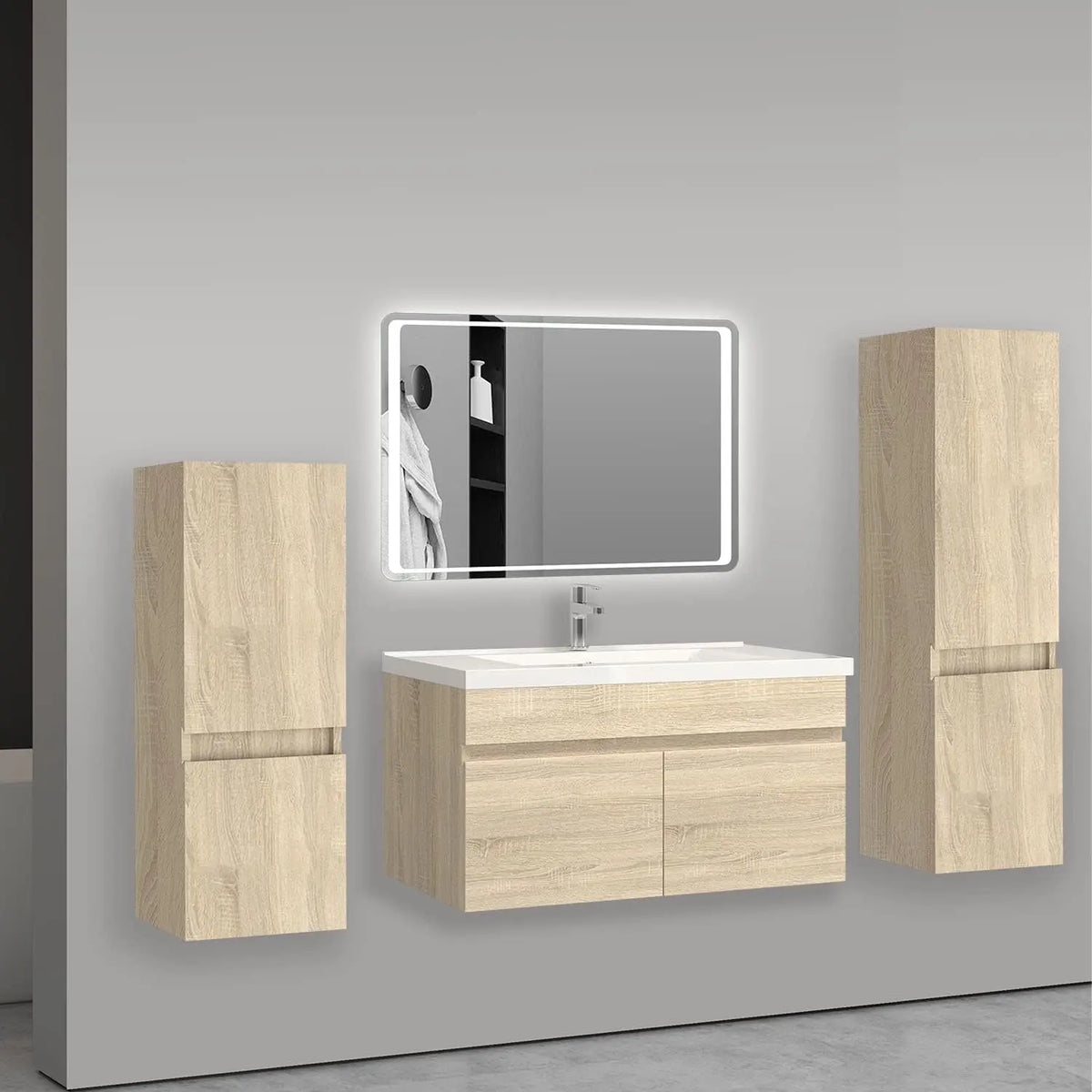AICA Ensemble de Meuble de Salle de Bain avec Céramique Vasque et Colonne – gris/beige