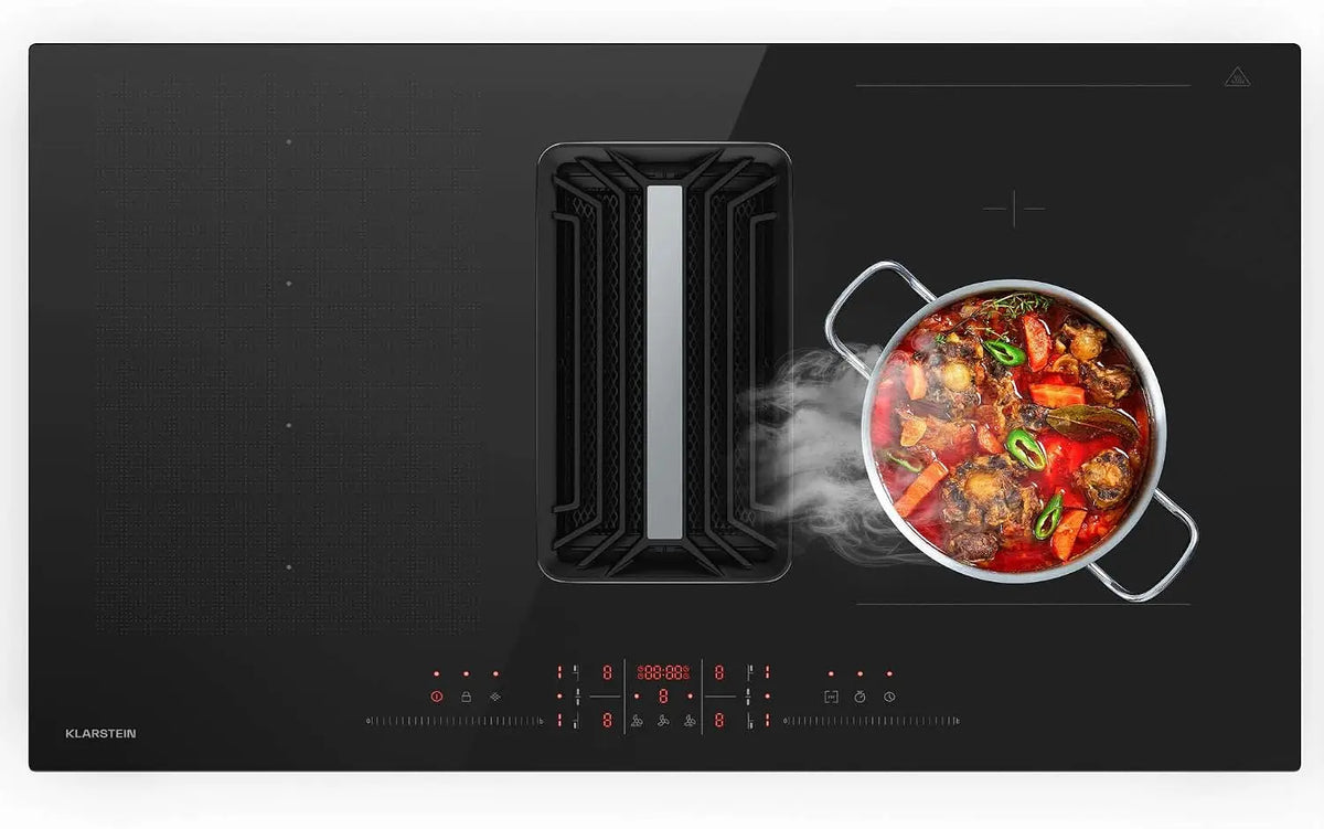 Klarstein AirJet Hybrid Table à induction avec Hotte intégrée - 12 kW – 750 m³/h, 12,2 kWh, noir/gris