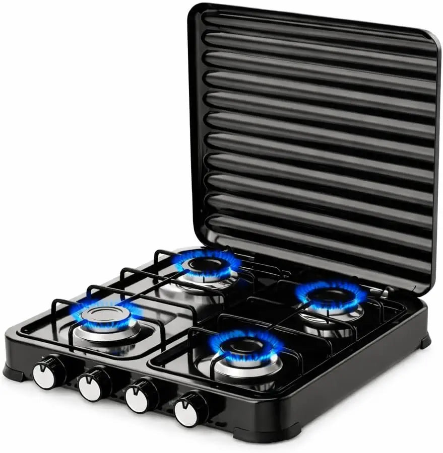 Cuisinière à gaz portable 4 feux 4 brûleurs 8,8 kW · Réchaud camping extérieur · Pour butane et propane · – gris/noir