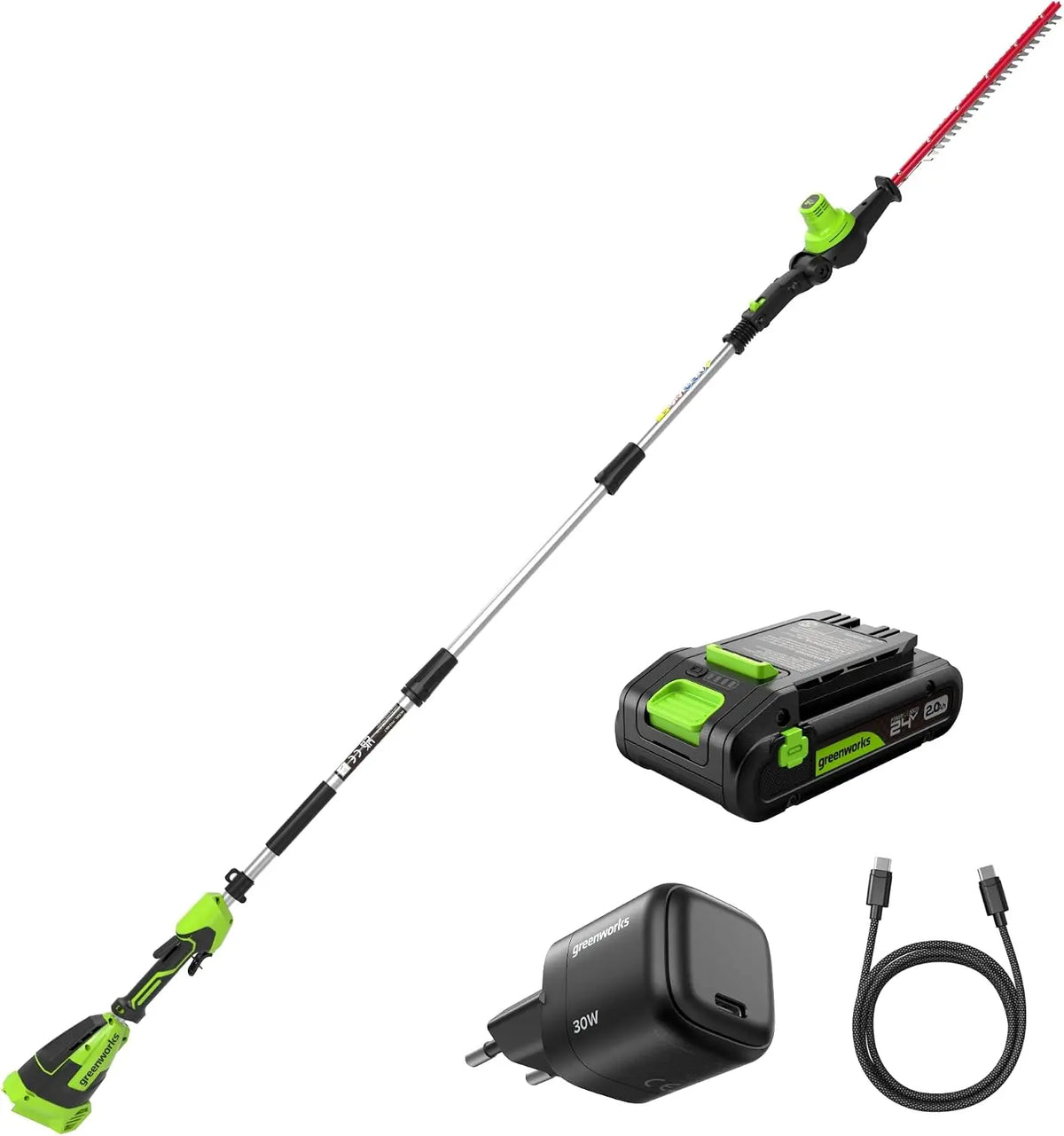 Greenworks Taille-Haies télescopique 24V 51cm avec Batterie 2,0Ah & Chargeur USB-C – PH24BLTA2, gris/noir