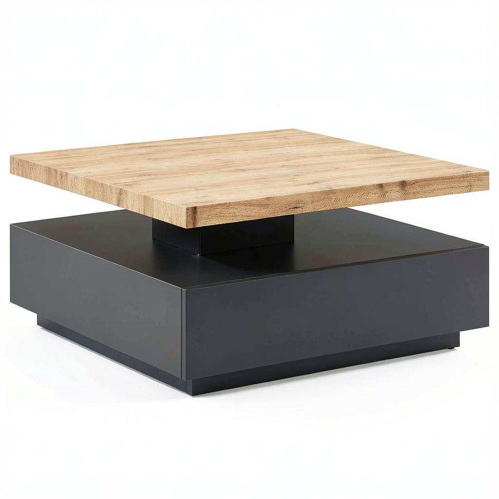 Table basse, modulable, pivotant, avec rangement, en chêne et panneaux de bois, 80 x 80 cm, coloris anthracite, pour le salon