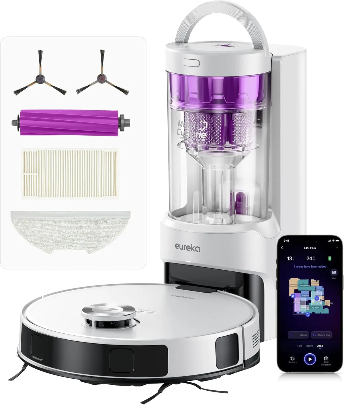 EUREKA E20 Plus Robot Aspirateur de 8000 Pa avec Station de Vidange Automatique sans Sac – 2 litres, 5200 mAh, gris/noir