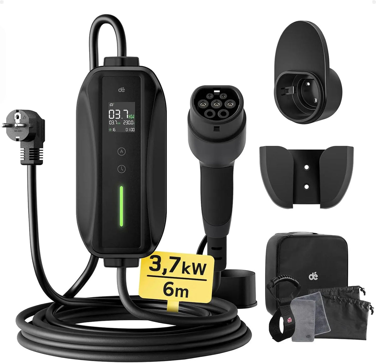 Dé Chargeur Voiture Electrique Type 2 3,7kW 6m avec Écran LCD – noir/gris