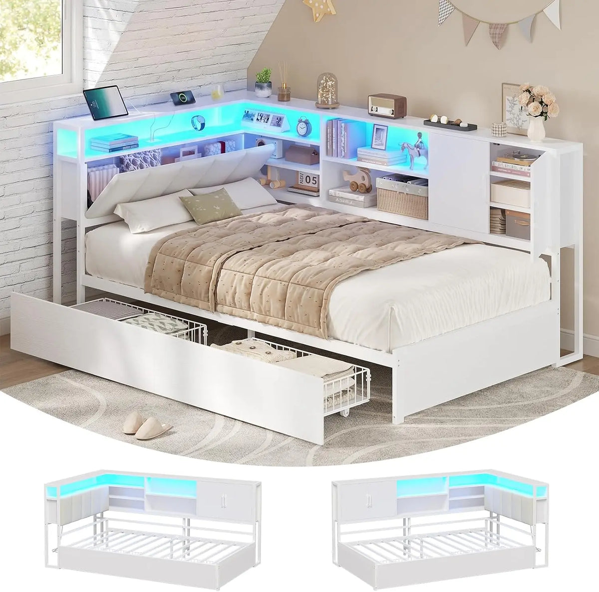 KIMENICH Canapé lit 90 x 200 avec 2 Tiroirs – 2 places, blanc