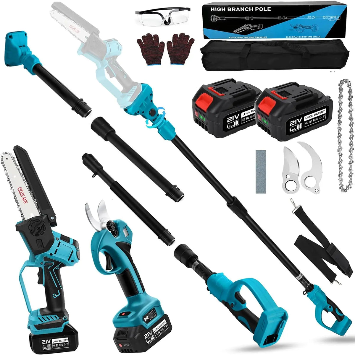 Tronçonneuse et Sécateur Télescopique Électrique à Batterie 2 x 4000 mAh – 800 W, noir/gris/bleu