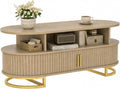 HOMCOM Table Basse Ovale avec Portes à Tambour Coulissantes – beige/gris