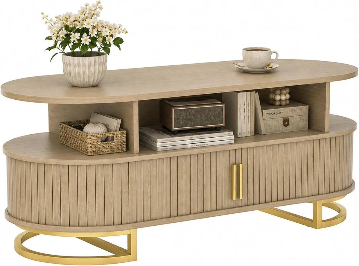 HOMCOM Table Basse Ovale avec Portes à Tambour Coulissantes – beige/gris