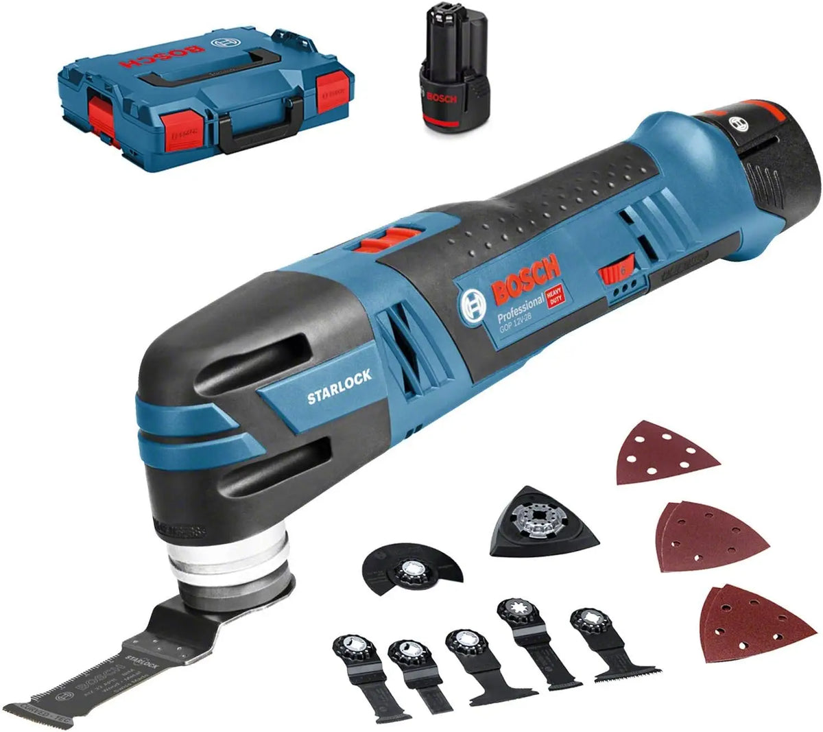 Bosch Professional 12V système découpeur-ponceur sans-fil GOP 12V-28 avec 2x GBA 3,0Ah – bleu/gris