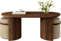 Table basse ovale noyer avec 2 tabourets rembourrés – orange/gris