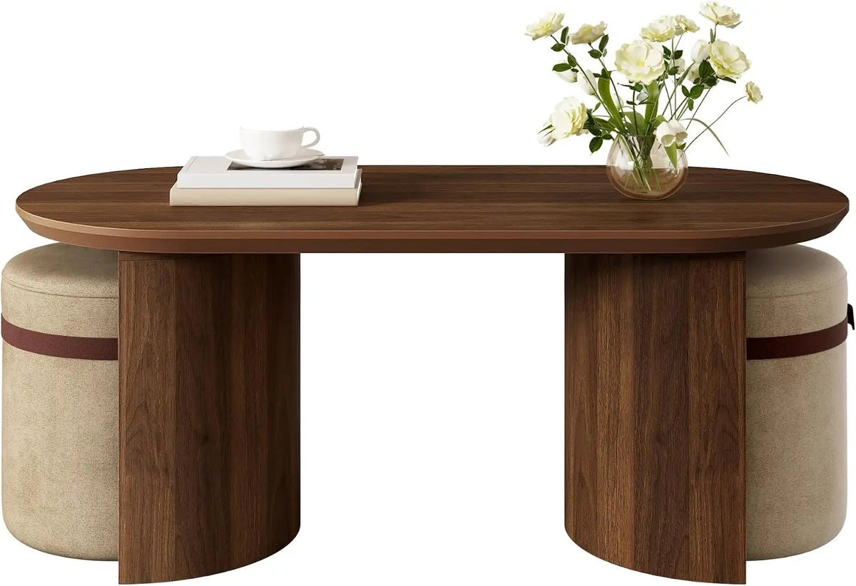 Table basse ovale noyer avec 2 tabourets rembourrés – orange/gris