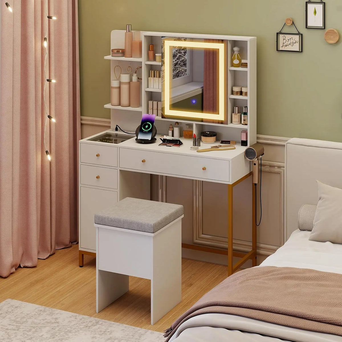 COSTWAY Coiffeuse avec Miroir et Tabouret – blanc