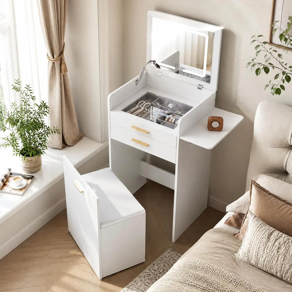 WOLTU Petite Coiffeuse avec Miroir LED Pliable et Tabouret de Rangement – gris/beige