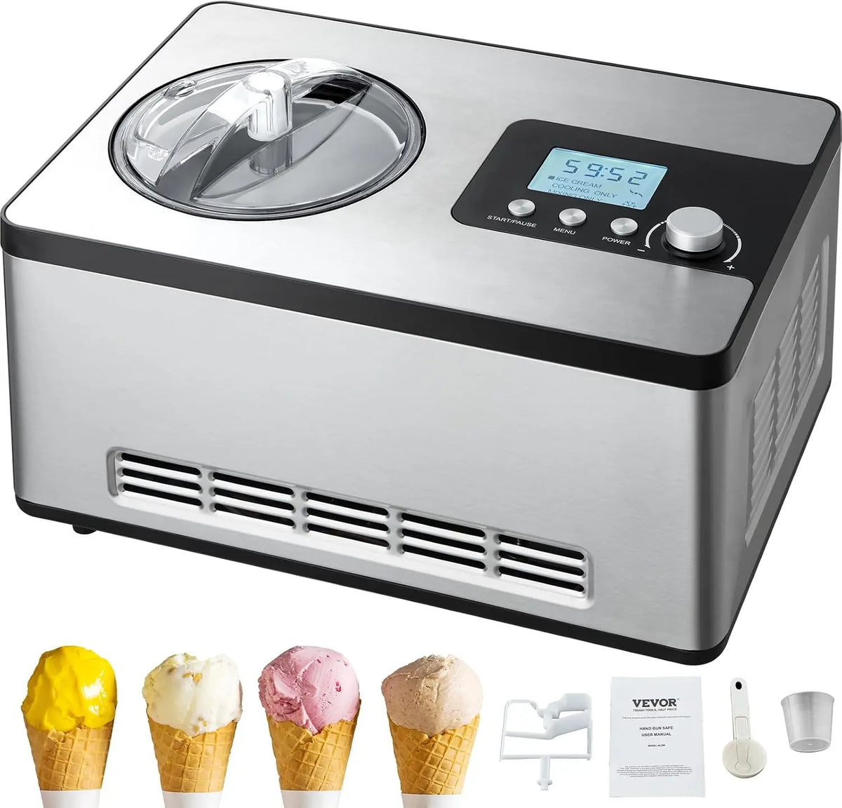 VEVOR Sorbetière Automatique Turbine à Glace Professionnelle 2 L 180 W Machine à Glace Électrique Écran – 50 Hz
