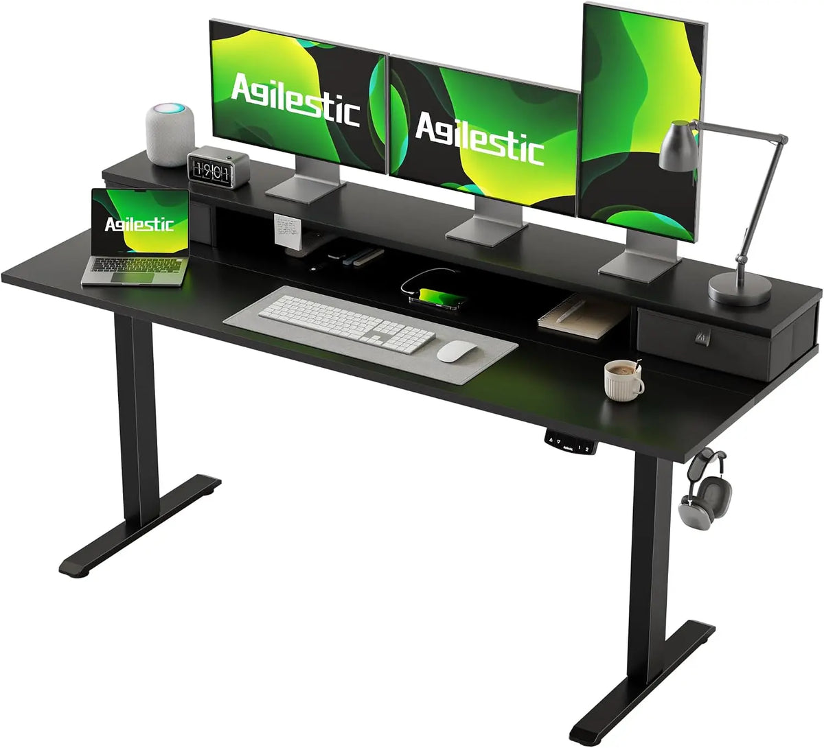 Agilestic Bureau réglable en Hauteur électrique avec 2 tiroirs – noir/gris/vert