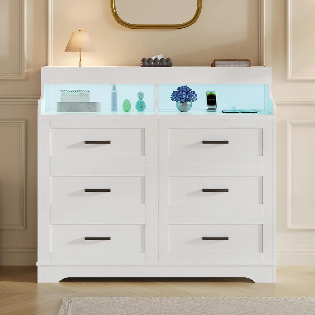 Commode 6 Tiroirs avec Éclairage LED et Multiprise Intégrée – 40 x 110 x 99 cm, blanc