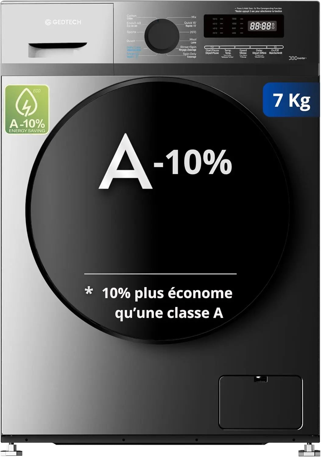Lave-linge frontal GEDTECH GLL71200BL - 7 Kgs - 1200 tr/mn - 16 programmes - Eco - Intensif - Rapide – noir/gris