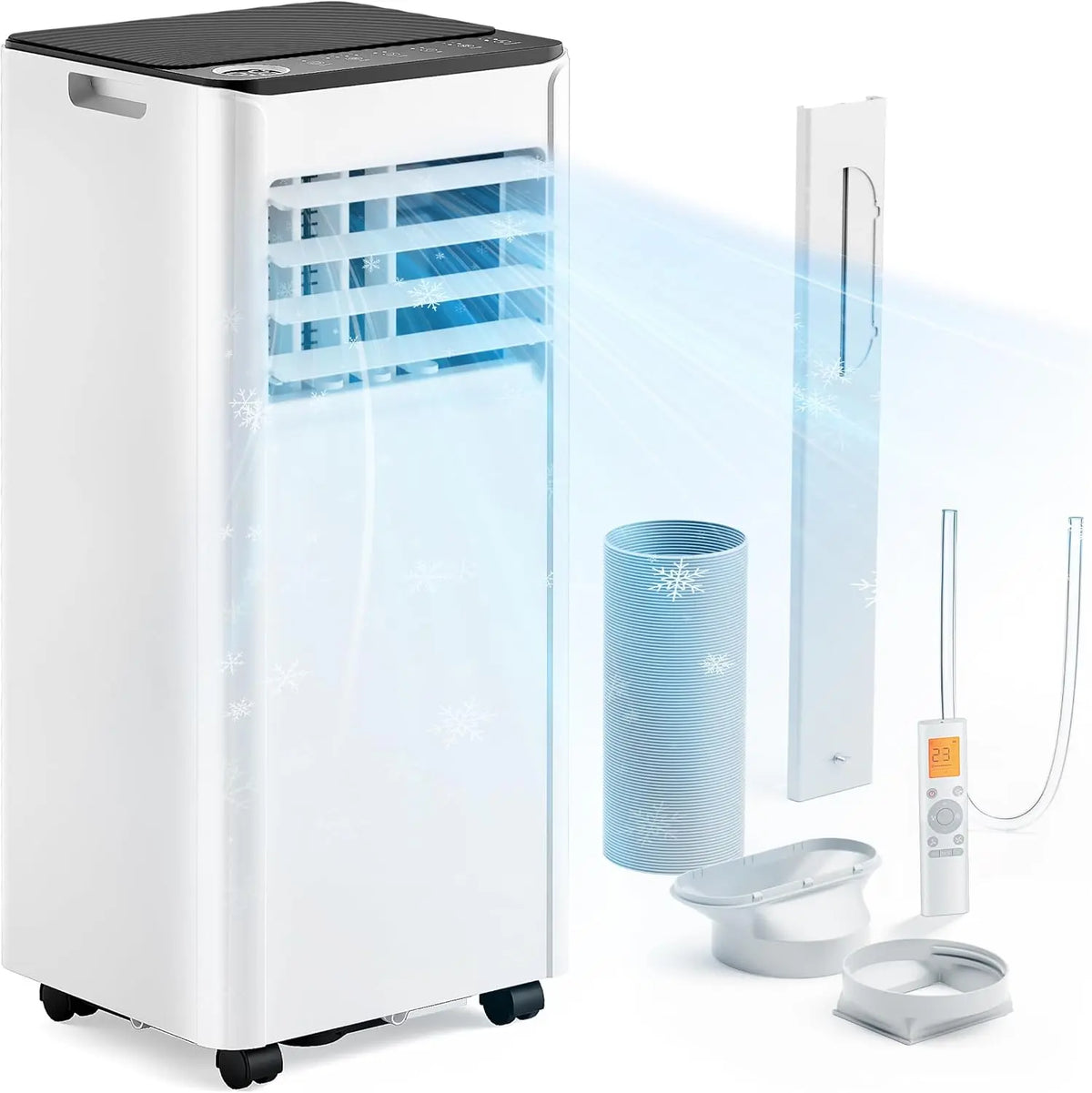 EUHOMY Climatiseur mobile 9000 BTU 2,6 kW avec télécommande – 290 m³/h, blanc/bleu/gris