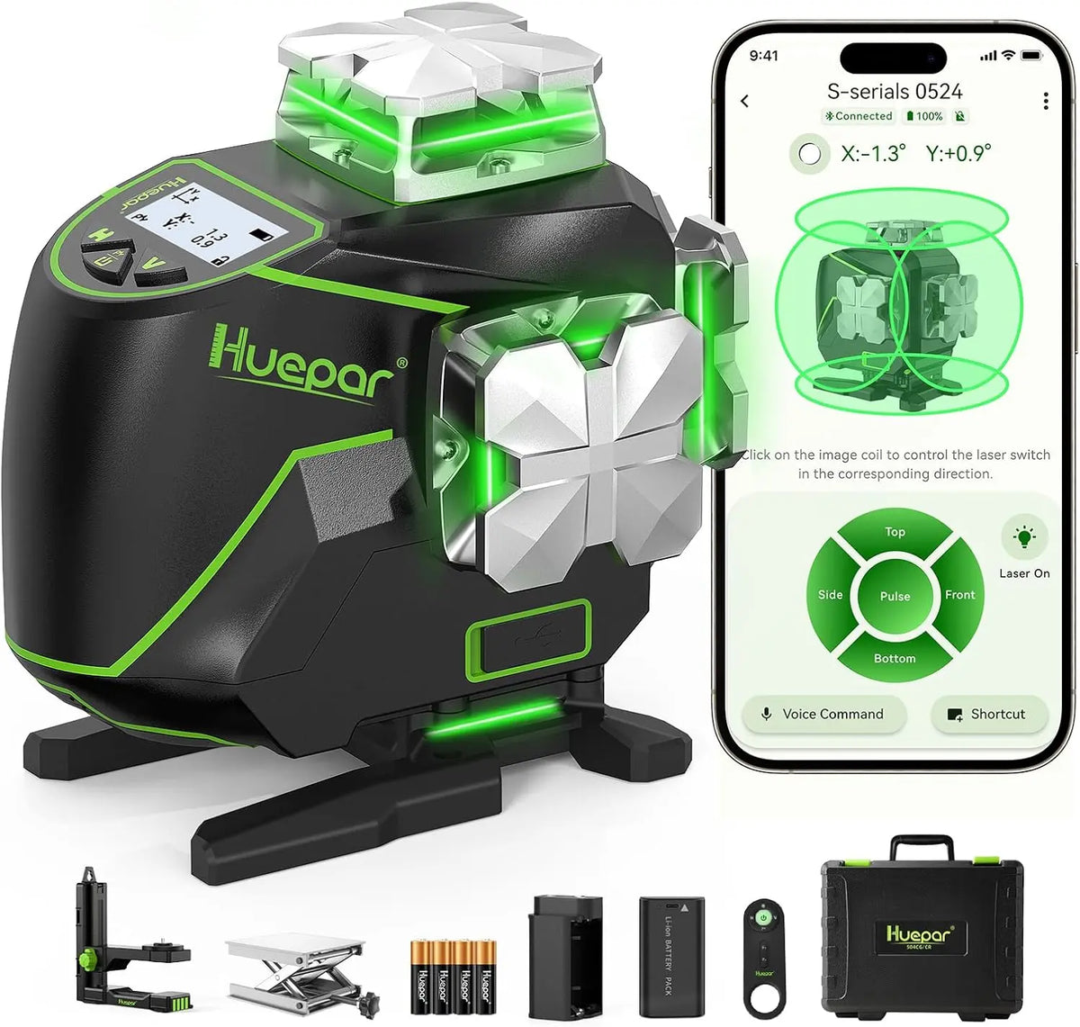 Huepar Niveau Laser Chantier Autonivelant 360°x4 Avec Écran LCD – 2600 mAh, 520 nm, gris/noir/vert