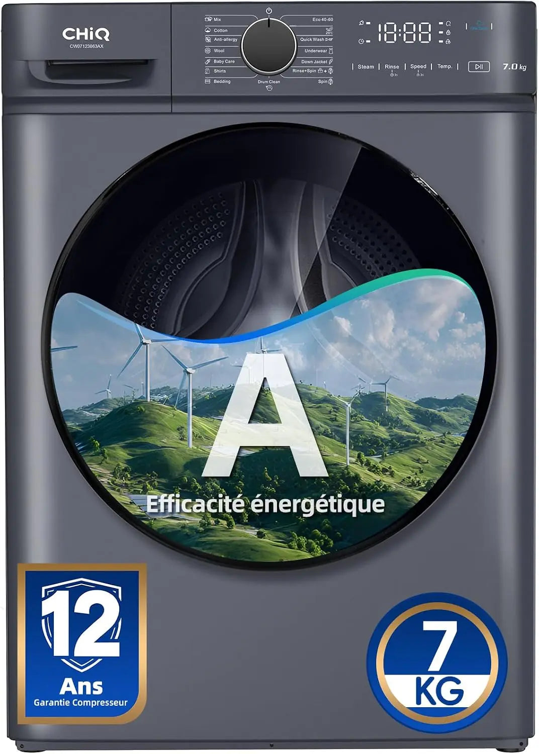 CHiQ 7kg Lave-Linge avec Classe A & Ultra Mince Gris CW07123863AX