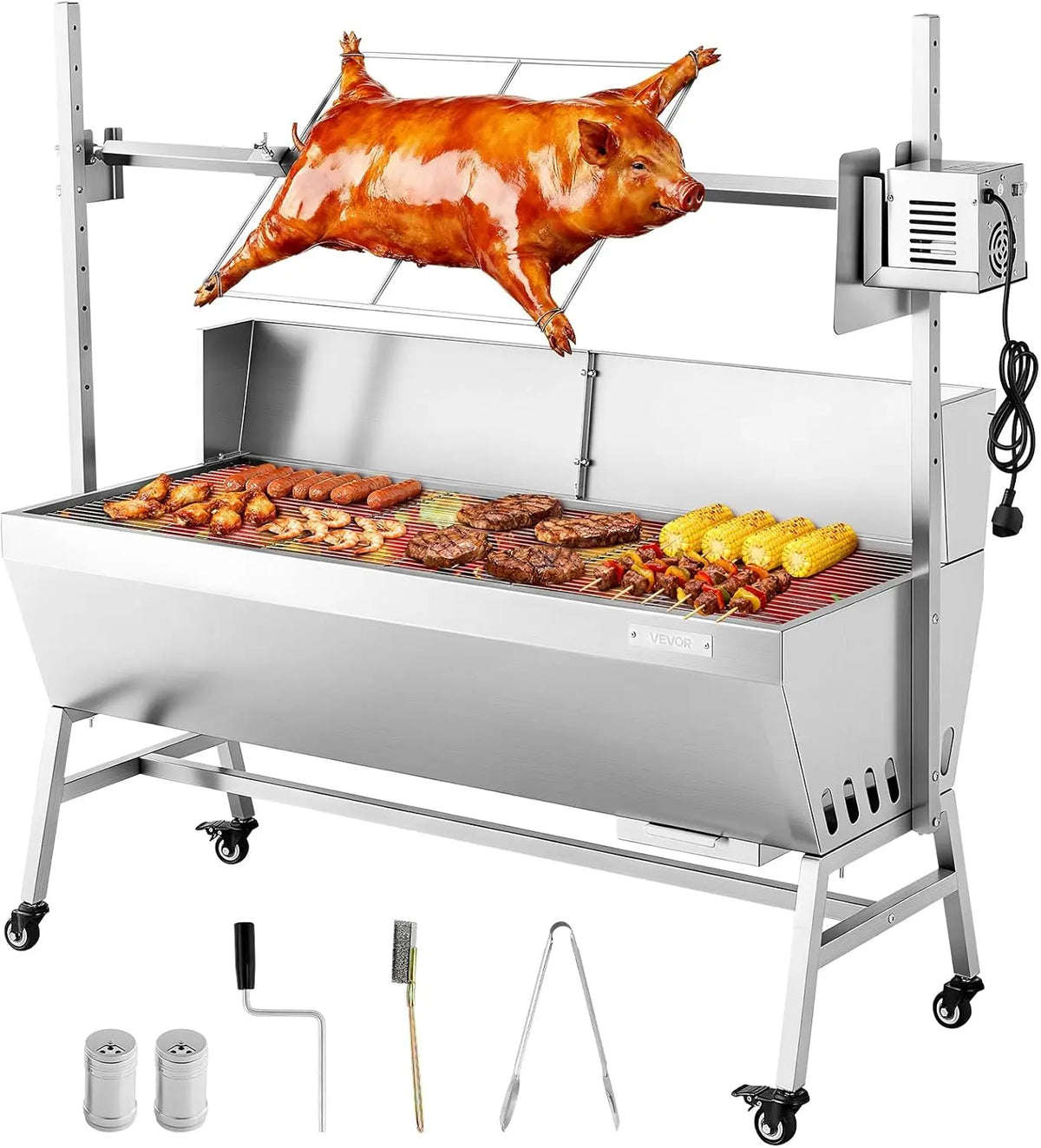 VEVOR Barbecue à Charbon avec Tournebroche Électrique 38 W – 1420 x 535 x 1305 mm, argenté