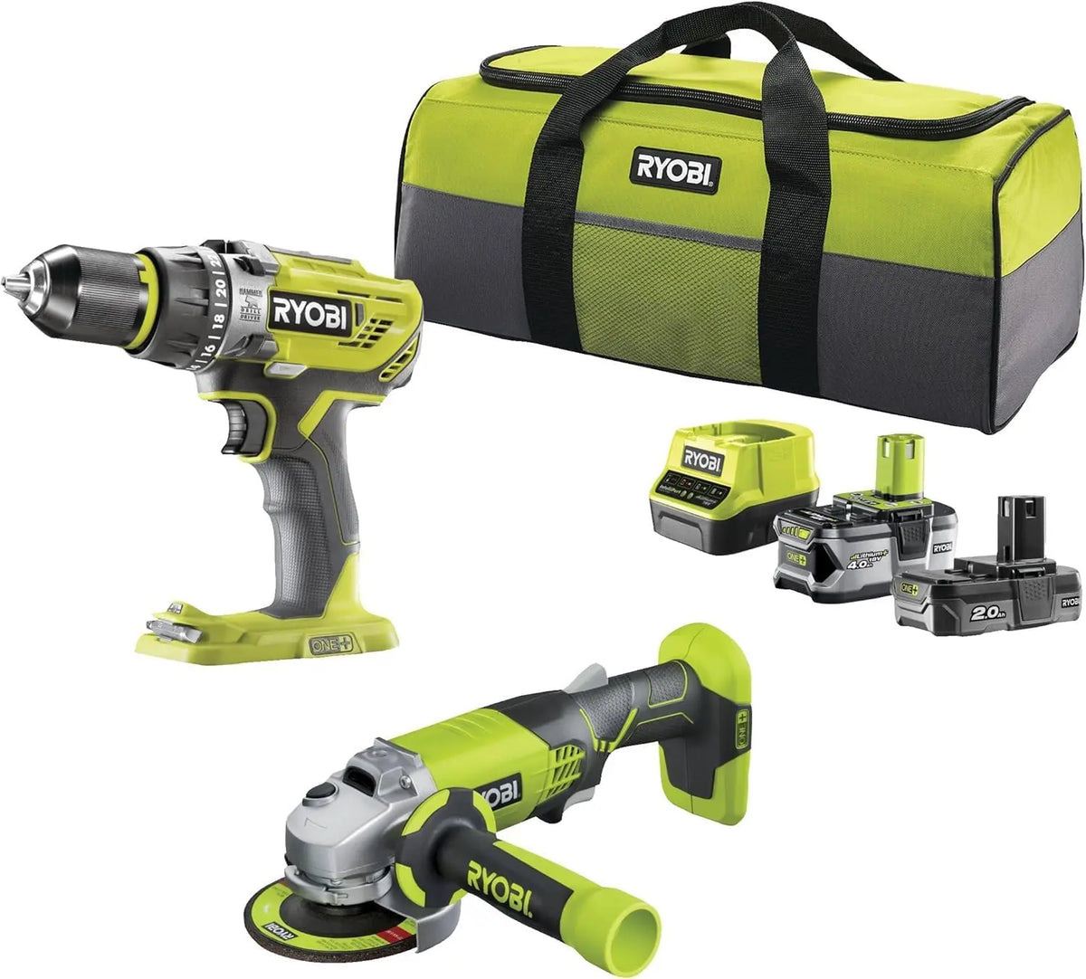 RYOBI 5133003842 - Combo 2 Outils 18 Volts ONE Plus : 1 Perceuse Percussion Plus 1 Meuleuse d'angle 115 – R18PDAG-242S, gris