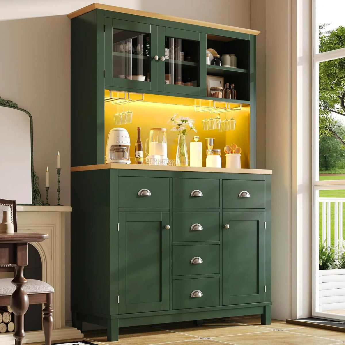 Merax Armoire de cuisine de 180 cm avec LED et porte en verre – gris/beige