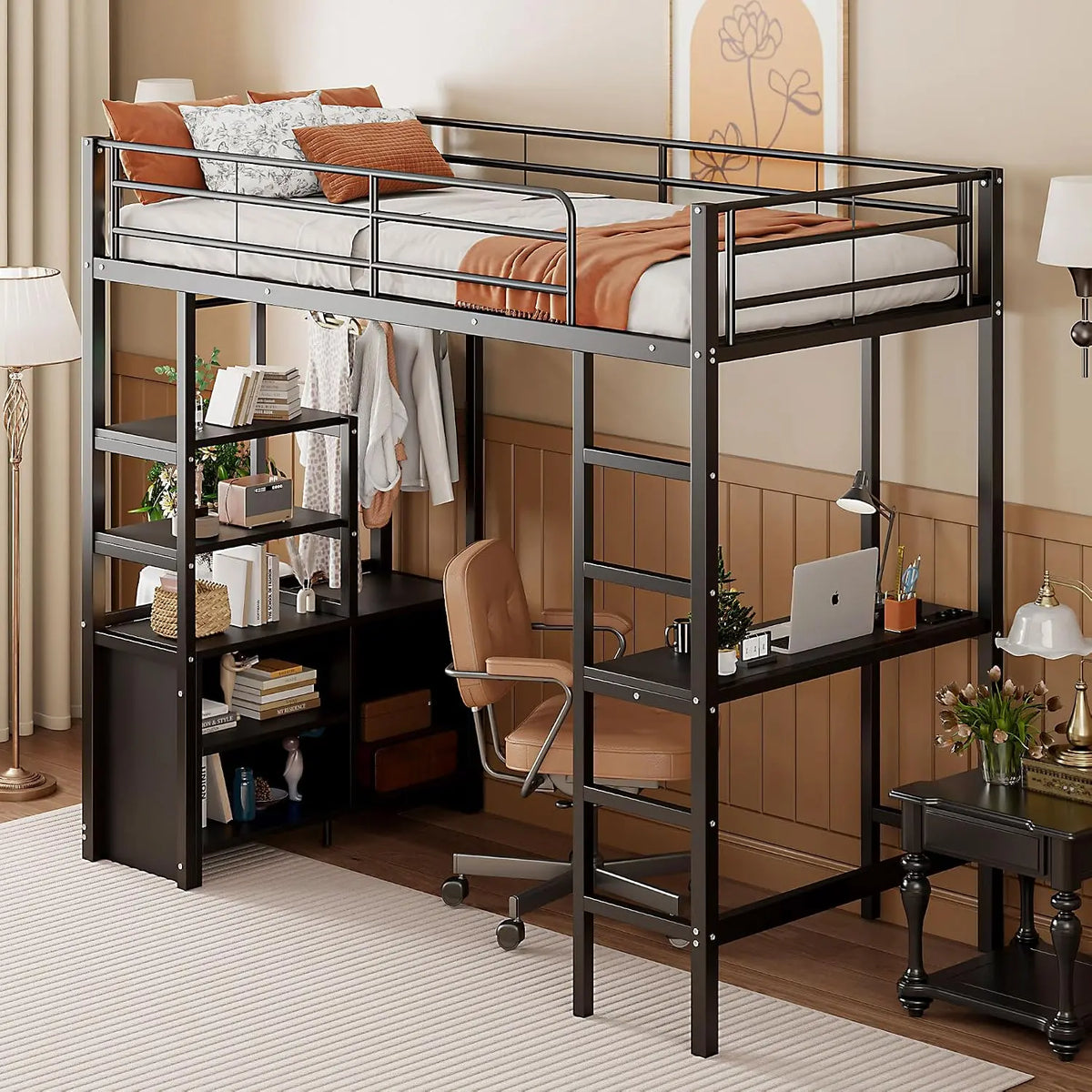 OKMYHOME Lit Mezzanine 90x200 cm - Lit Surélevé Ado en Métal avec Bureau – noir