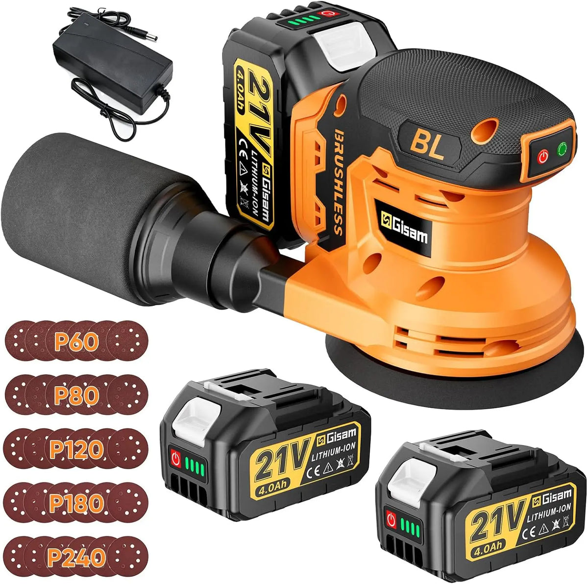 Ponceuse Excentrique 125mm Moteur Sans Balais 1200W Ponceuse Bois Métal – 4,0 Ah, gris/orange