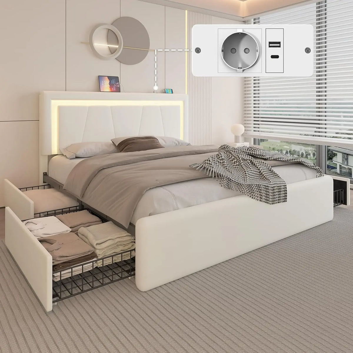 Cadre Lit 140x190 avec 4 Tiroirs – blanc