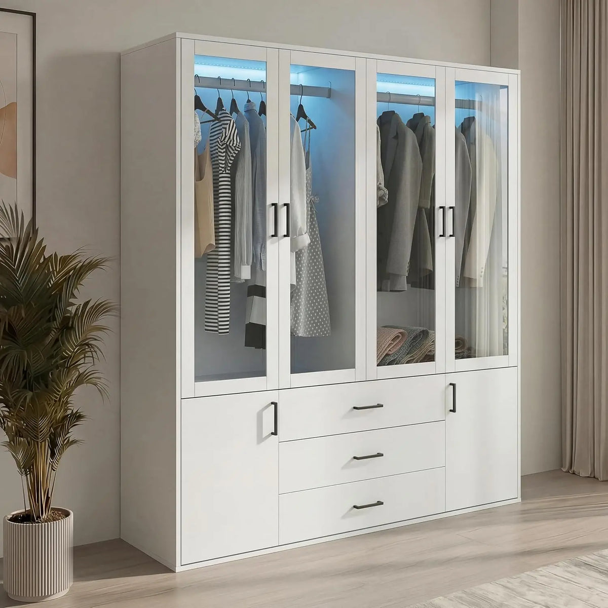Armoire Chambre avec éclairage LED – 160 x52 x182 cm, blanc