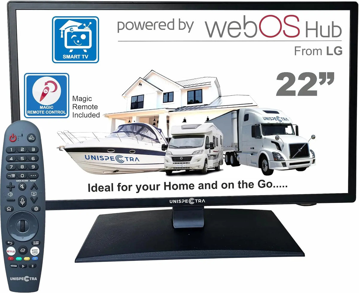 Unispectra WebOS téléviseur connecté 22' 12 V ELED haute définition 240 V téléviseur Freeview & SAT Tuner – 22 kWh, 5 GHz, noir
