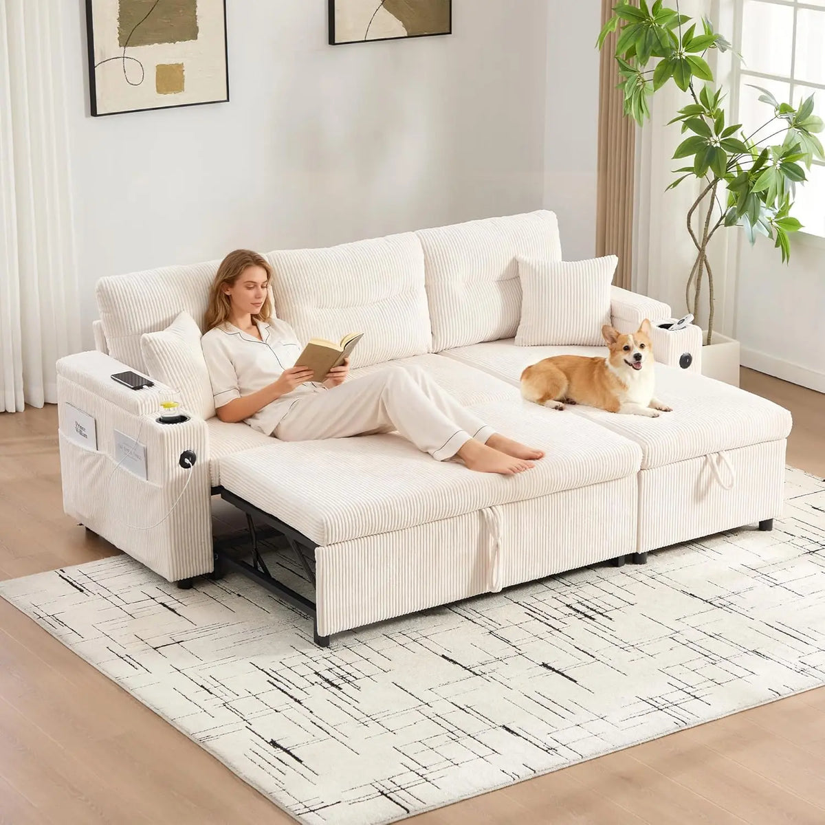 Canapé convertible canapé-lit modulable en L avec lit gigogne et méridienne de rangement – 3 places, beige