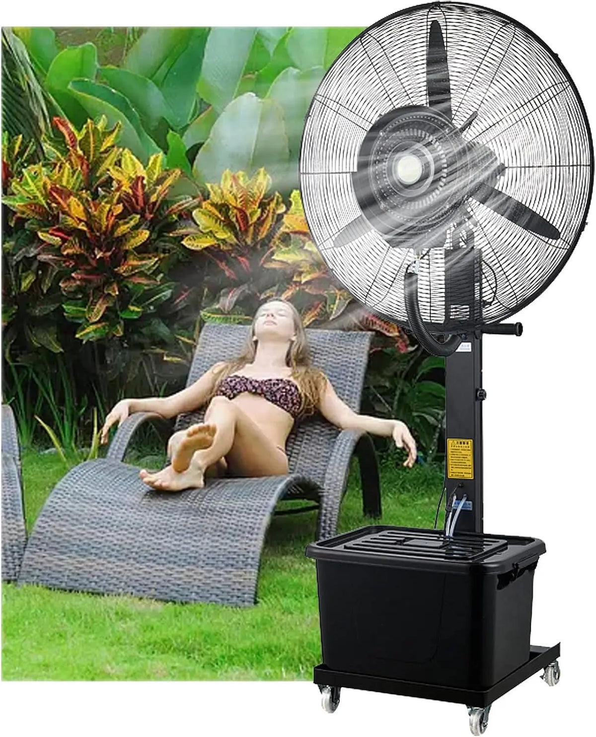 Ventilateur brumisateur d'extérieur commercial oscillant à 90° sur pied avec brumisateur pour terrasse – 50 Hz, gris/vert/noir