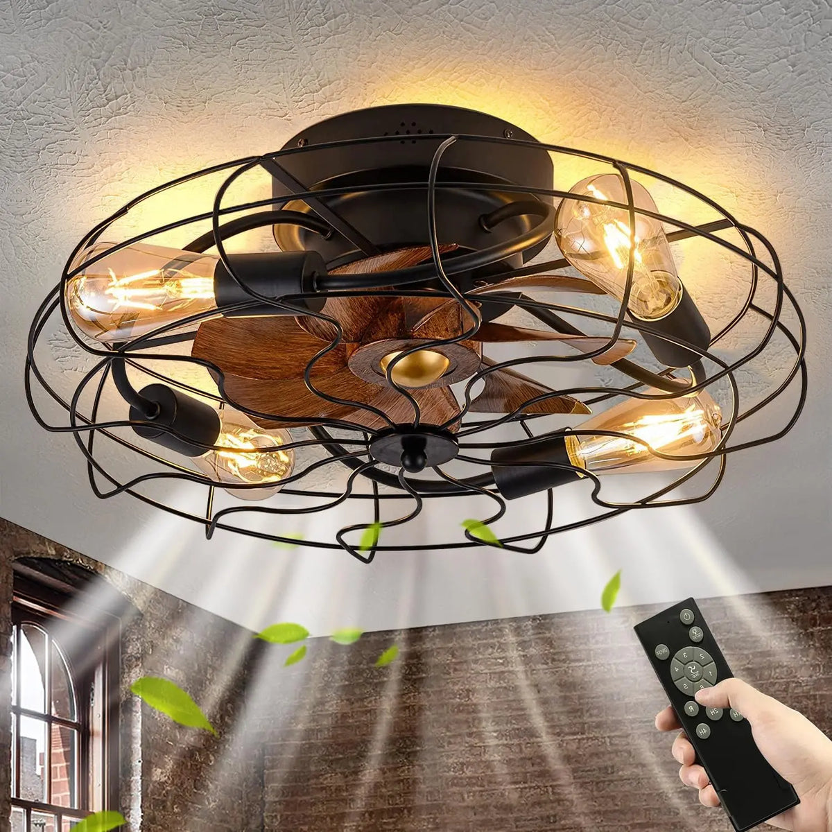 Ventilateurs de Plafond avec Lumière et Télécommande LED Plafonnier Vintage Industriel Silencieux Fan – 40 W, gris/beige