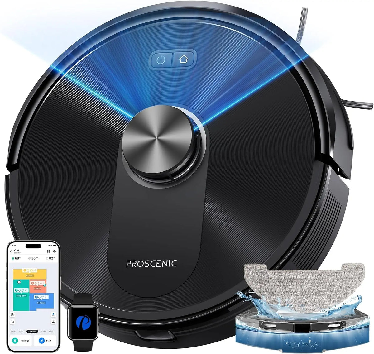 Proscenic Aspirateur Robot Laveur 10000Pa,200Min Robot Aspirateur Laveur avec Serpillière – 3200 mAh, noir/gris/bleu