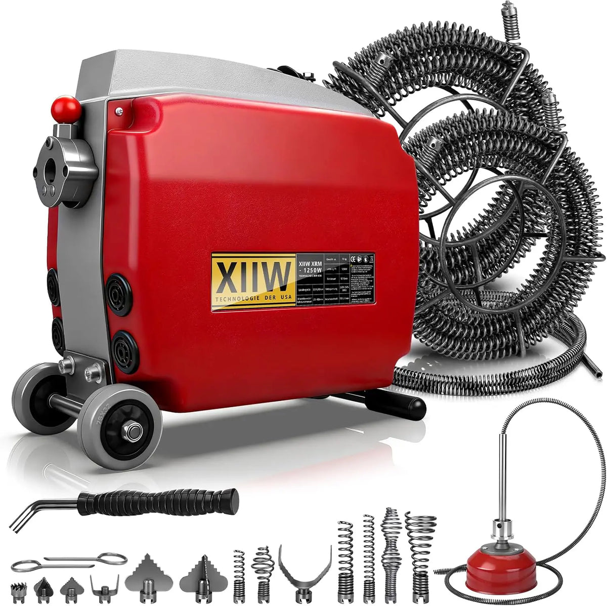 XIIW Furet Déboucheur Électrique 1250W Avec 13 Têtes de Coupe – gris/rouge