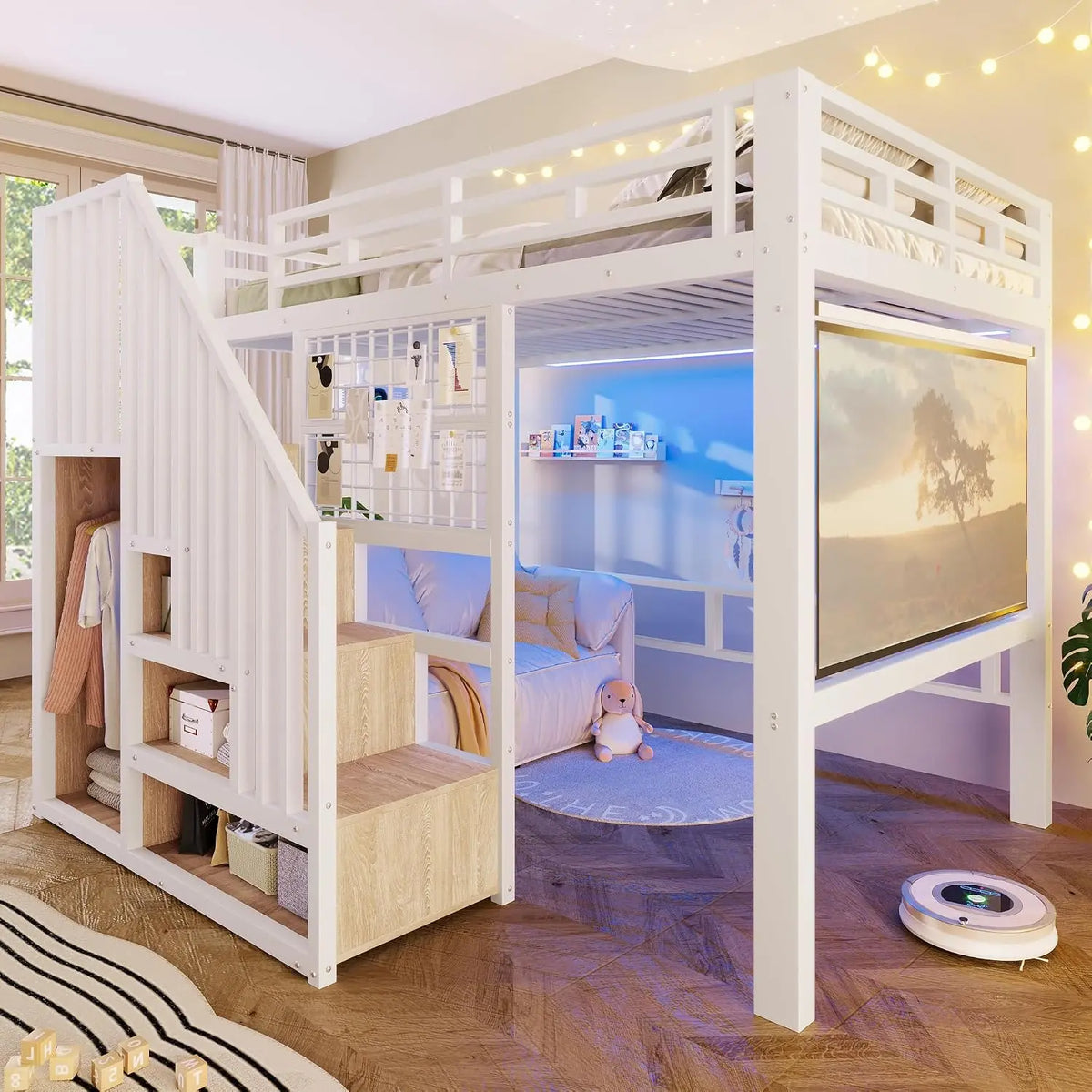 Zepneiy Lit Mezzanine avec éclairage LED 140x200 cm – blanc
