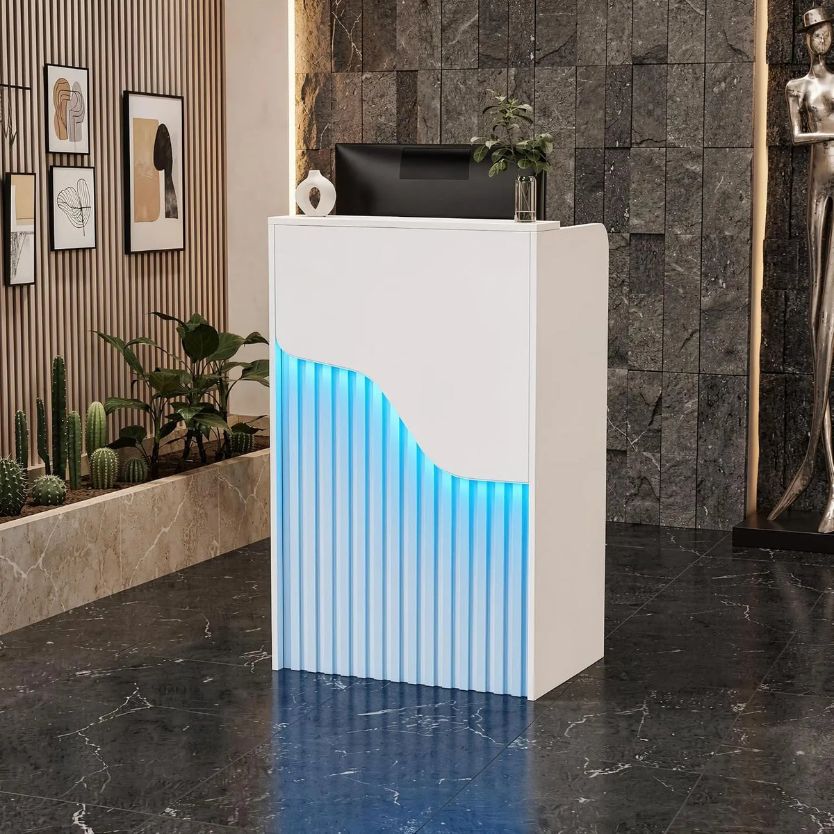 MSFE Comptoir Réception avec LED Comptoir d'accueil Petit Bureau d'accueil avec Tiroirs Verrouillables – gris/bleu
