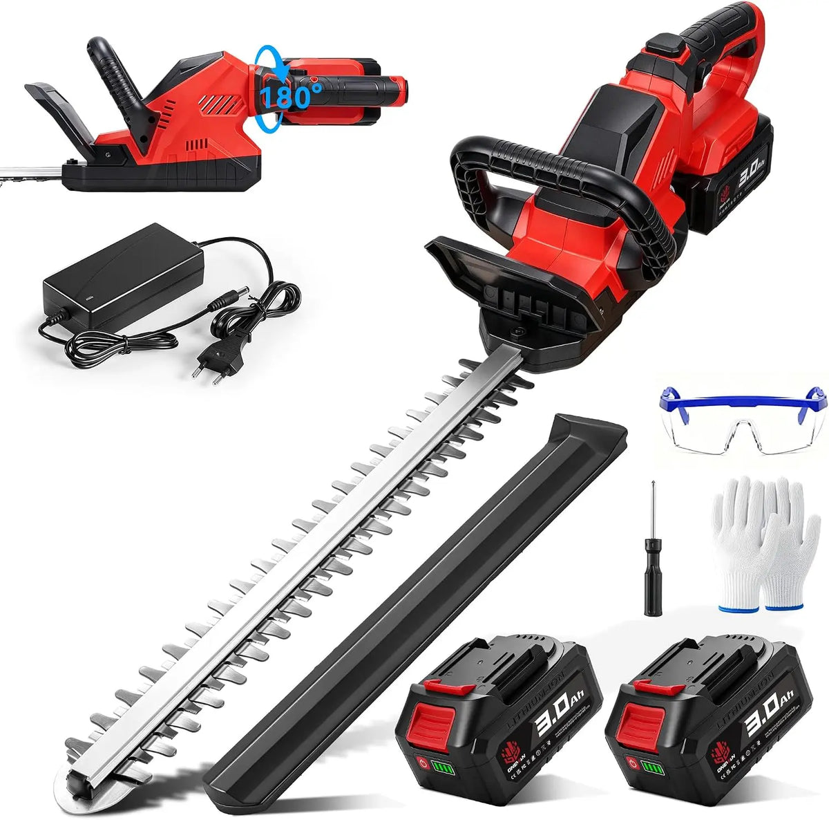 ONEVAN Taille-haie électrique sans fil 180° 52cm Longueur avec 2 batteries – 350 W, 3,0 Ah, gris/noir
